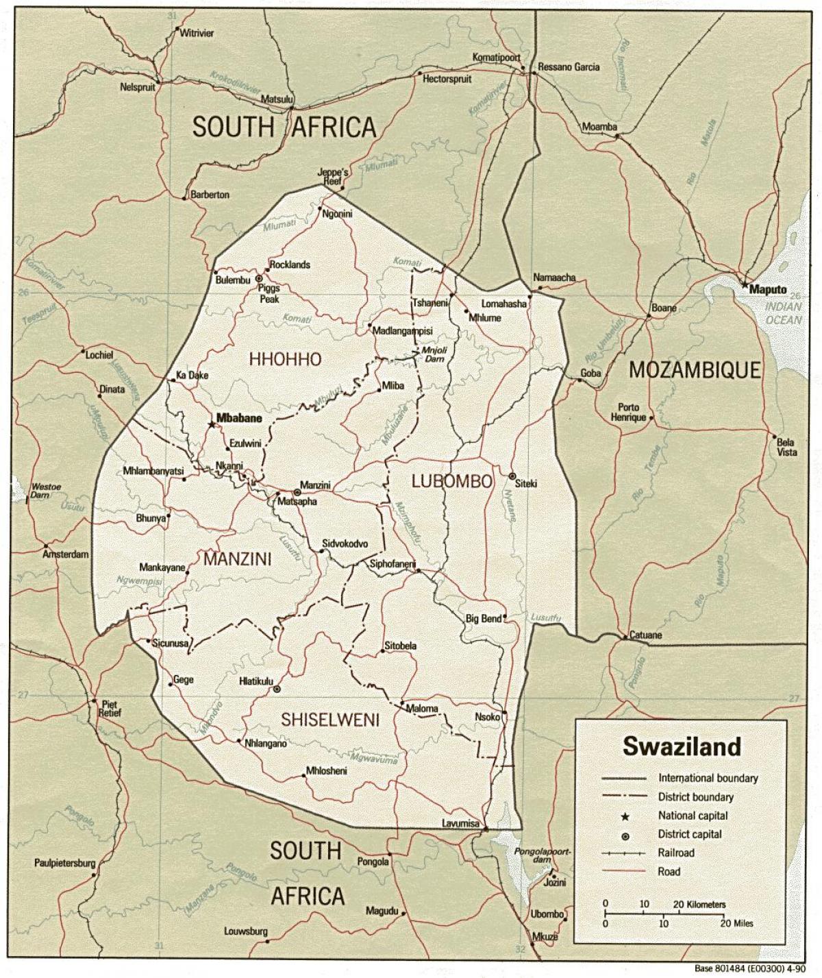 carte du Swaziland montrant des postes frontières